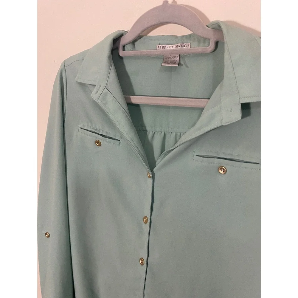 Alberto Makali Green Tie Front Roll Tab Sleeve Button Down Blouse Medium‎ Y2K